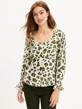 NWT, $65, LOFT Cheetah Print Smocked Cuff Blouse - XS